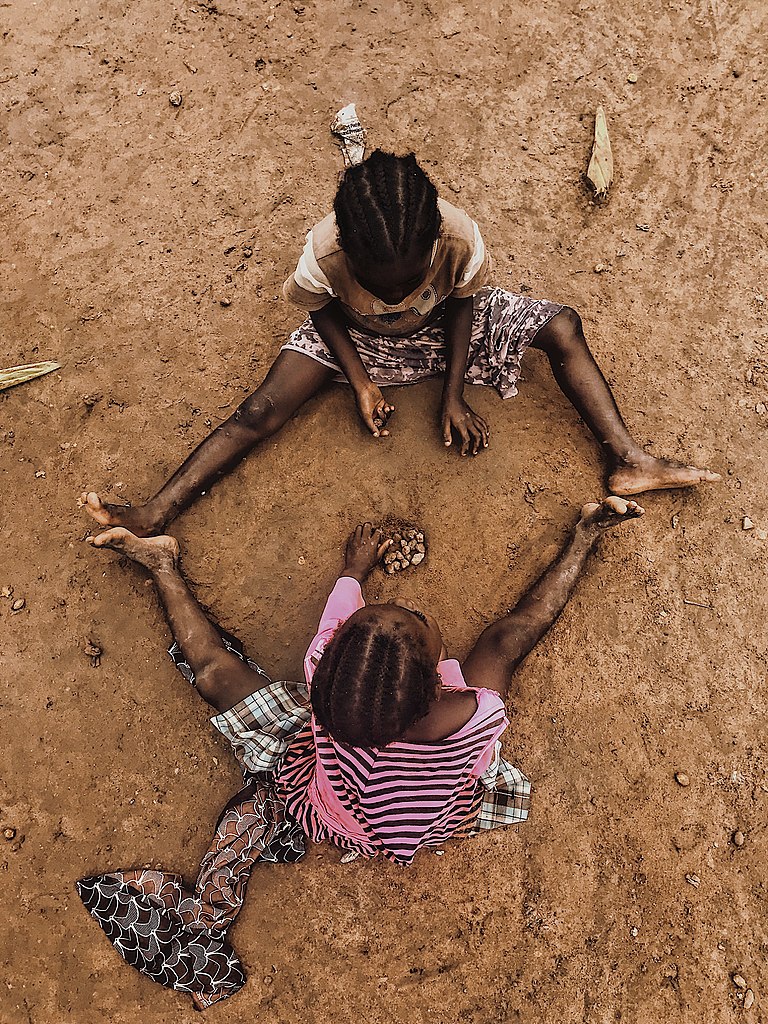Aerial shot of two children playing in sand