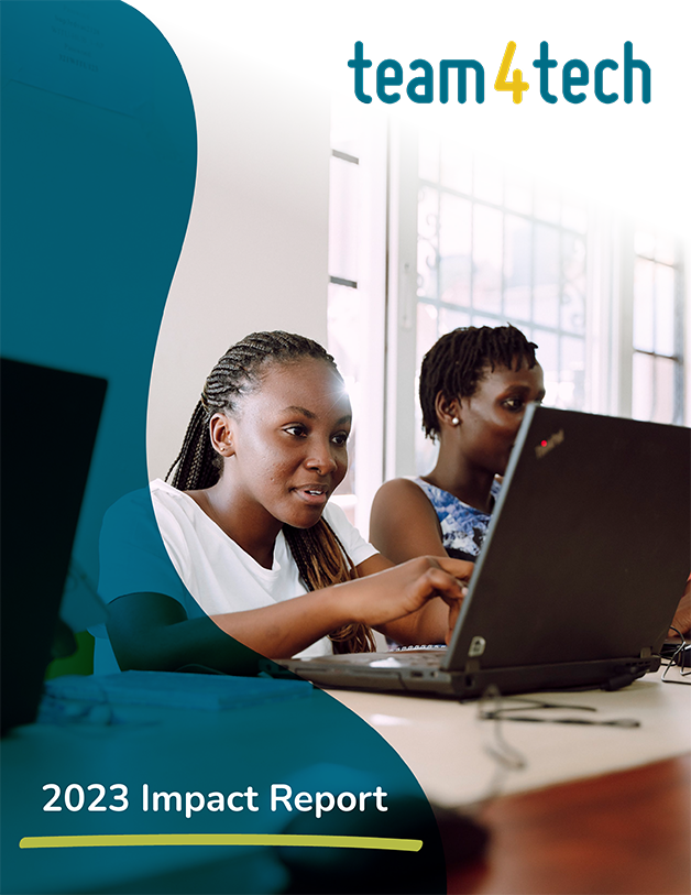 Cover of Team4Tech's 2023 Annual Impact Report. Shows Team4Tech's logo over the photo of a young woman using a laptop.