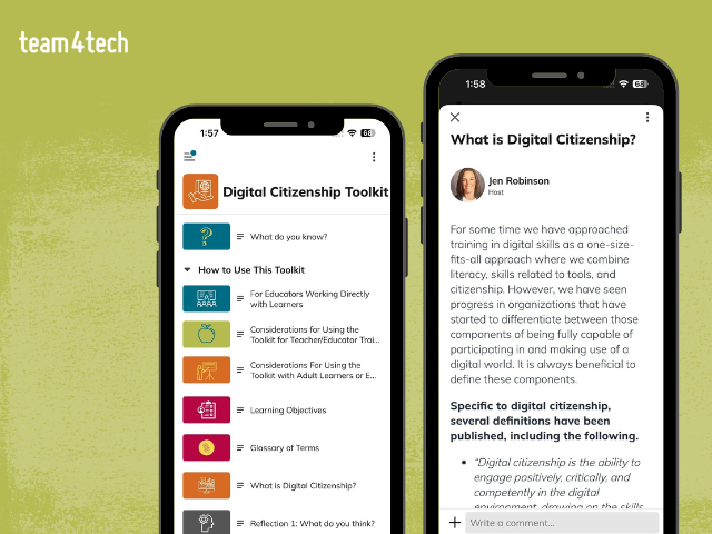 TEAM4TECH | DIGITAL CITIZENSHIP TOOLKIT | SCREENSHOTS OF THE TOOLKIT IN TWO PHONE FRAMES